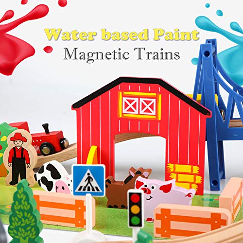 Jacootoys Tren Juguete Madera 80 Piezas Coches y Pista de Madera Bloques de Construcción Juguetes Educativos 3 4 5 6 Años Niños y Niñas