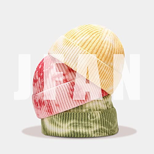 JFAN Sombreros Beanie teñidos con Corbata Sombreros de Punto para Mujer con Volantes Sombreros de Punto de Moda de Invierno Unisex Sombreros de Calavera de Colores para Hombres-Tie-Dye Rosa