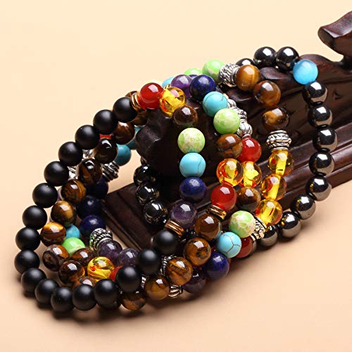 J.Fée Pulsera de Piedra Natural, curación Pulsera Elástica Pulsera de Piedras Preciosas Naturales para Mujer Pulsera de Cristal Yoga Natural Real (Chakra 5 Set)