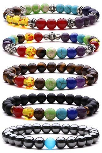 J.Fée Pulsera de Piedra Natural, curación Pulsera Elástica Pulsera de Piedras Preciosas Naturales para Mujer Pulsera de Cristal Yoga Natural Real (Chakra 5 Set)