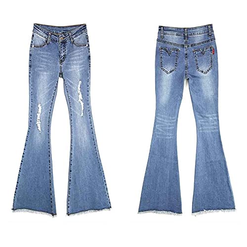 JFTMY Tassel Hole Ripped Flare Jeans Mujeres Largas Bell-Fondos Jeans Estiramientos Para Pantalones Para Mujeres Jeans Tamaño Grande (Color : Blue, Size : XL code)