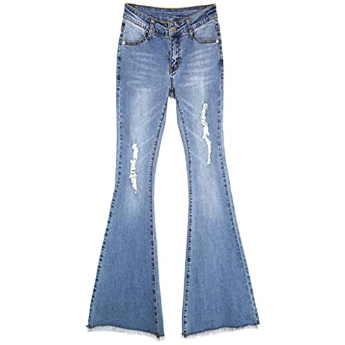 JFTMY Tassel Hole Ripped Flare Jeans Mujeres Largas Bell-Fondos Jeans Estiramientos Para Pantalones Para Mujeres Jeans Tamaño Grande (Color : Blue, Size : XL code)