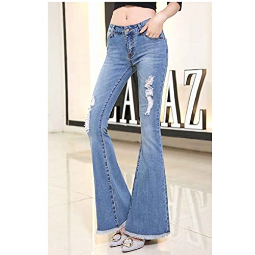 JFTMY Tassel Hole Ripped Flare Jeans Mujeres Largas Bell-Fondos Jeans Estiramientos Para Pantalones Para Mujeres Jeans Tamaño Grande (Color : Blue, Size : XL code)