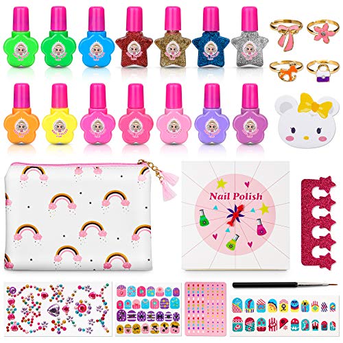 Jojoin 27 Pcs Set de Esmalte de Uña Infantil, Pintauña para Niña, Maquillaje Niña, Conjunto de 14 Esmaltes de Color Permanente (4 Colores Brillantes) y Más Accesorios, Regalo para Navidad/Cumpleaños