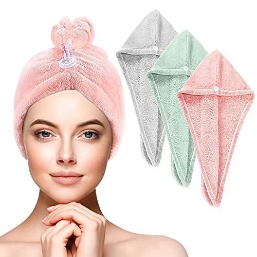 JOLIGAEA 3 Piezas Toallas para Secar El Pelo, Cabello Turbante de Secado rápido Coral Fleece con Diseño de Botón, Súper Absorbente, Toallas para el Cabello,Toallas para Secar el Pelo