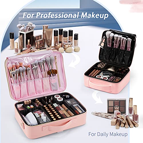 Joligrace Bolsa Maquillaje de Viaje Neceser Maquillaje PU Cosméticos Maletín Manicura Joyero y Uñas Organizador Grande Makeup Estuche Maletín Vacio con Bandolera y 2 Capas Profesional ,Rosa