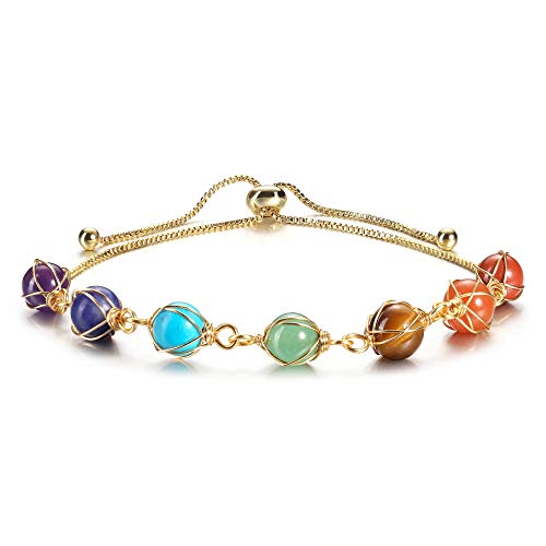 JSDDE - Pulsera de 7 chakras con perlas de piedra natural, accesorios de pulsera ajustable de oro elegante para mujer