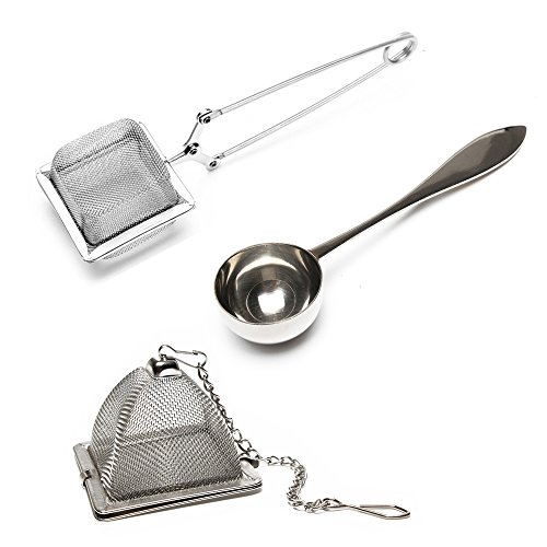 Juego de 2 infusores y 1 cuchara de té - Acero inoxidable, filtro de té, colador de té, Infusor de té cuadrado, infusor de té triangular y cuchara de té perfecta - Fabricante de té duradero