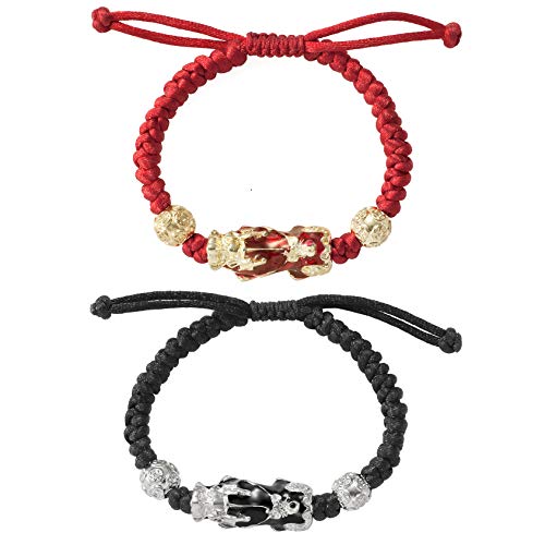 Juego de 2 pulseras de cuerda trenzadas hechas a mano ajustables de Feng Shui Pixiu, pulsera de riqueza de la suerte, para pareja, amistad, joyería