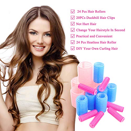 Juego de 24 rodillos de para el cabello con agarre automático, pinzas para el cabello, rulos para peluquería, 20 pinzas metálicas de pico de pato, 2 peines para peluquería de salón