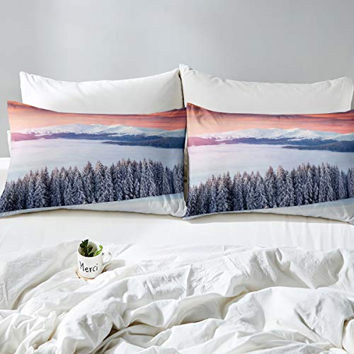 Juego de ropa de cama para niños y niñas, diseño de bosque de taiga de pino, paisaje natural, con 2 fundas de almohada, tamaño doble, decoración de dormitorio