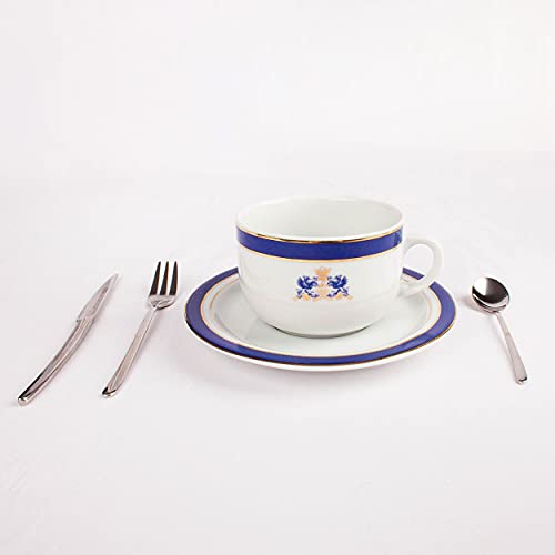 Juego de Té de porcelana blanco decorado en azul cobalto y filo de oro 27 piezas - 12 Tazas, 12 Platitos, 1 Tetera, 1 Lechera, 1 Azucarero | Duisburg