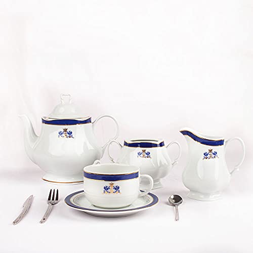 Juego de Té de porcelana blanco decorado en azul cobalto y filo de oro 27 piezas - 12 Tazas, 12 Platitos, 1 Tetera, 1 Lechera, 1 Azucarero | Duisburg