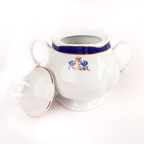 Juego de Té de porcelana blanco decorado en azul cobalto y filo de oro 27 piezas - 12 Tazas, 12 Platitos, 1 Tetera, 1 Lechera, 1 Azucarero | Duisburg