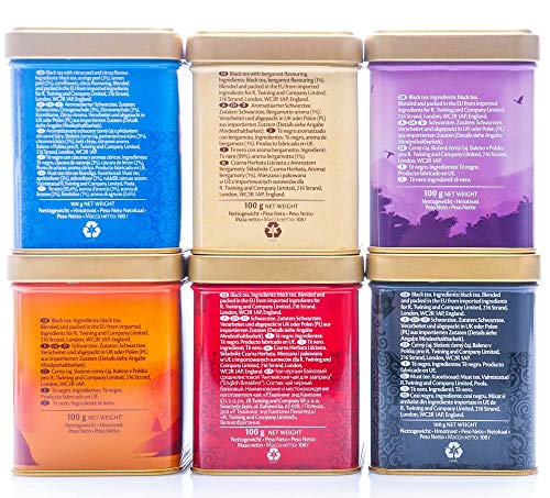 Juego de té negro Twinings of London, Lady Grey, Earl Grey, Darjeeling, Cylon Orange, English Breakfast, Prince of Wales, 6x100g