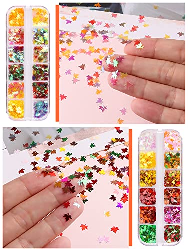 Kalolary 4 cajas Hojas De Arce Lentejuelas Holograficas Glitter Uñas Decoración Confeti Uñas Flakes Uñas Brillos de Uñas con Purpurinas Nail Sequins Hoja de otoño Calcomanía DIY Manicura Maquillaje-A