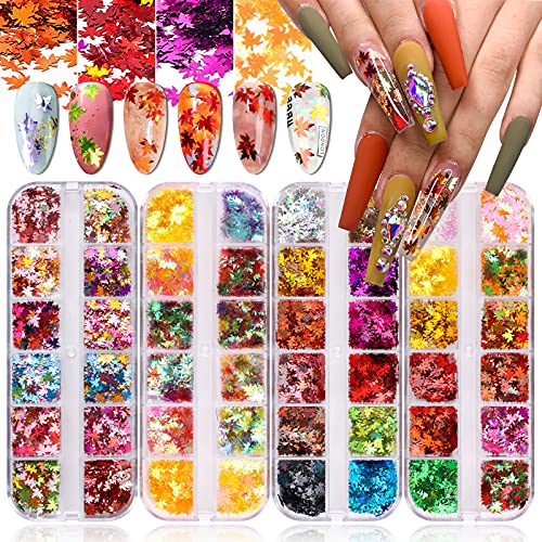 Kalolary 4 cajas Hojas De Arce Lentejuelas Holograficas Glitter Uñas Decoración Confeti Uñas Flakes Uñas Brillos de Uñas con Purpurinas Nail Sequins Hoja de otoño Calcomanía DIY Manicura Maquillaje-A