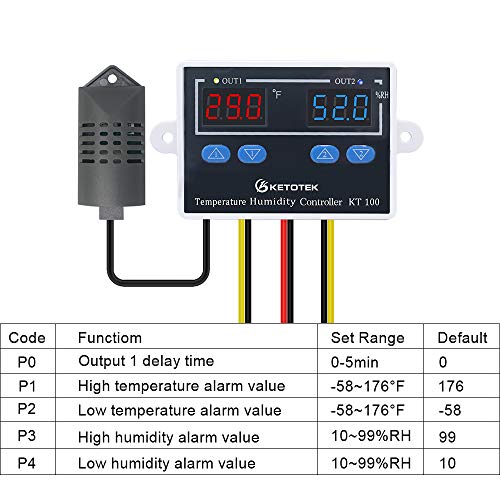 KETOTEK Controlador de Humedad y Temperatura digital 220V Termostato Humidistato Controlador Deshumidificador Humidificador Calentador con sonda Potencia de salida Directamente