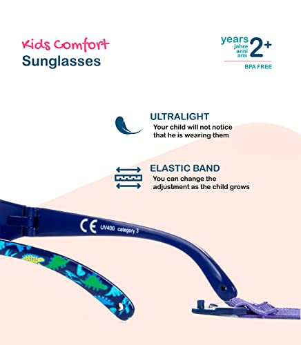 Kiddus Gafas de sol KIDS COMFORT para niña niño. A partir de 2 años. Filtro solar UV400. Banda ajustable y extraíble. Hechas de Goma. Resistentes a Impactos, Muy Flexibles.