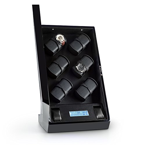 KLARSTEIN Klingenthal - Estuche Relojes, Caja bobinadora, 6 Bobinas con 2 Soportes Cada uno, Capacidad para 12 Relojes, Panel táctil, Iluminación LED, Elaborado manualmente, Vitrina, Negro