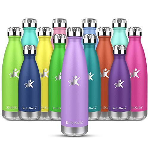 KollyKolla Botella de Agua Acero Inoxidable, Termo Sin BPA Ecológica, Botellas Termica Reutilizable Frascos Térmicos para Niños & Adultos, Deporte, Oficina, Yoga, Ciclismo, (500ml Luz Púrpura)