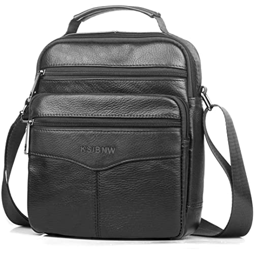 KSIBNW Bolso Hombre Bandolera de Cuero Genuino,Regalo Hombre,Bolsos de Caballero de Piel de Vaca Bolso de Negocios Bolso de Mano de Hombre Bandolera Cruzada para Escuela, Viajes,Compras,Negro