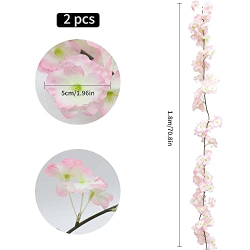 KSTEU Guirnalda de Cereza Artificial 2 Piezas,1.8m Flor de Cerezo Guirnalda Vid Colgante de Flores de Seda para balcón, Pared, jardín, Fiesta en casa,decoración de Boda