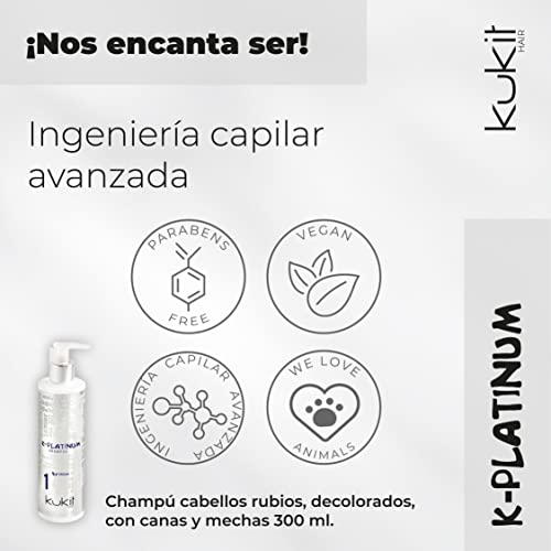 Kukit Hair - K-Platinum 1 | Champú Matizador Cabello Rubio, Mechas y Canas | Champú AntiAmarillo Matizador con Pigmentos Azules | Bote 300 ml