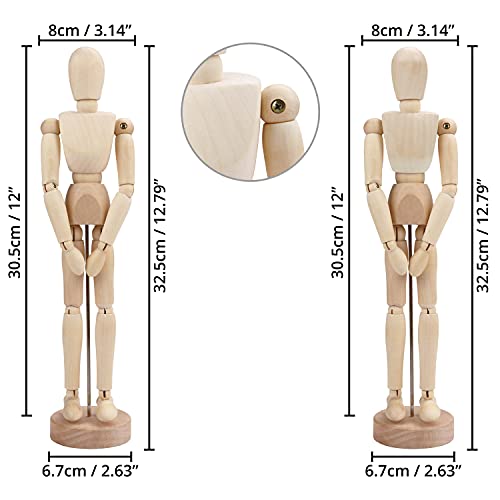 Kurtzy Muñeco Madera Articulado 30,5 cm Cuerpo Humano Hombre y Mujer Maniquí Dibujo con Base (Pack de 2) Articulaciones Flexibles de Madera - Muñeco Articulado Bocetos y Pintar – Decor del Hogar