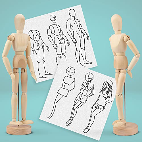 Kurtzy Muñeco Madera Articulado 30,5 cm Cuerpo Humano Hombre y Mujer Maniquí Dibujo con Base (Pack de 2) Articulaciones Flexibles de Madera - Muñeco Articulado Bocetos y Pintar – Decor del Hogar