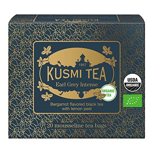 Kusmi Tea - Earl Grey Intense Bio - Té negro orgánico con aroma de bergamota y corteza de limón - Caja de 20 bolsitas