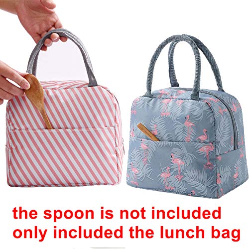 LABOTA 2PCS Bolsa Térmica Almuerzo Impermeable Fiambrera Isotermica,Lunch Bag con bolsillo trasero,Para hombres, mujeres y niños (Flamingo & Pink Stripe)