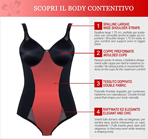 Lady Bella PA0791 Body Reductor en Copas D - Faja Moldeadora sin Aros, preformada, no Acolchada y sin Costuras - Body Interior con Elegantes Detalles de Tul, Ideal Tallas Grandes (Negro, 95D)