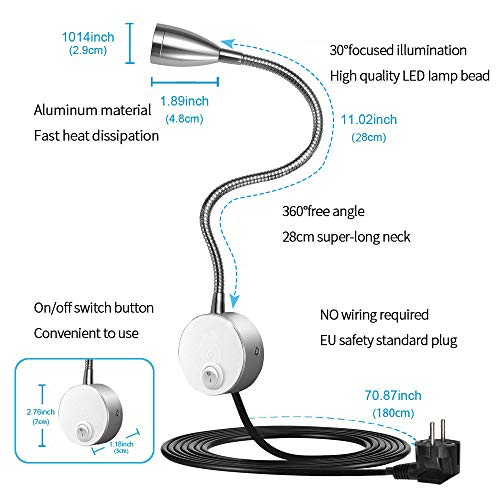 lámpara de lectura,LED con Luz de lectura de pared de cuello de ganso de aluminio para oficina de dormitorio blanco cálido,100-200LM/4000K/3W/110-220V,ángulo de emisión de luz: 30 °,longitud: 28 cm