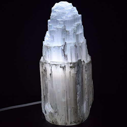 Lámpara grande de selenita blanca de 3,3 kg y 25,1 cm de una torre de cristal mineral natural raso Spar decoración de luz nocturna lámpara de piedra con cable y bombilla LED - Marruecos