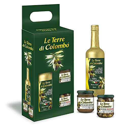 Le Terre di Colombo - Estuche regalo con aceite de oliva virgen extra 100 % italiano(750 ml), paté de aceitunas Riviera(212 ml) y aceitunas Riviera sin hueso en aceite de olvida virgen extra(212 ml)