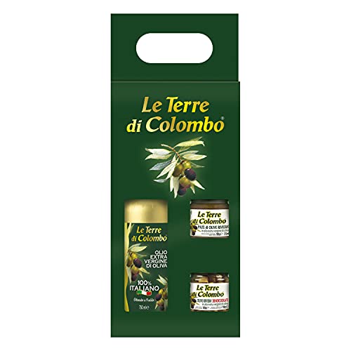 Le Terre di Colombo - Estuche regalo con aceite de oliva virgen extra 100 % italiano(750 ml), paté de aceitunas Riviera(212 ml) y aceitunas Riviera sin hueso en aceite de olvida virgen extra(212 ml)