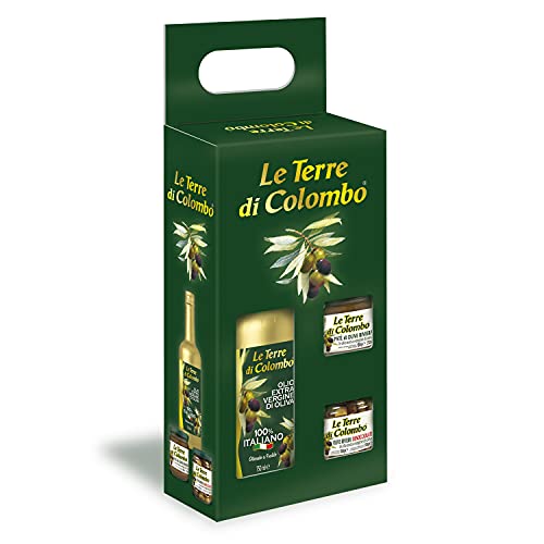 Le Terre di Colombo - Estuche regalo con aceite de oliva virgen extra 100 % italiano(750 ml), paté de aceitunas Riviera(212 ml) y aceitunas Riviera sin hueso en aceite de olvida virgen extra(212 ml)