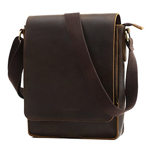 Leathario Bolso Hombre Bandolera Vintage Cuero Auténtico Bolso Hombro Cruzado Casual Mensajero Crossbody Negocio Grande Marrón