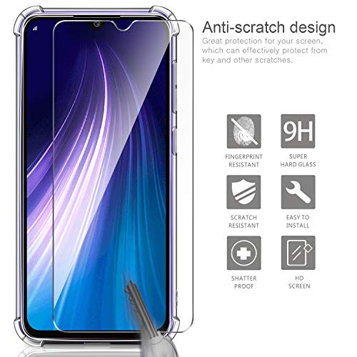 LeathLux Funda Compatible con Xiaomi Redmi Note 8 2019 & 2021, 2 Pack Cristal Templado Protector de Pantalla y Silicona Transparente TPU Carcasa Protector Airbag Anti-Choque Anti-arañazos Cover