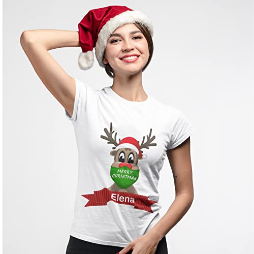 lepni.me Camiseta Mujer Nombre Personalizado Reno Rudolph 2021 Vacaciones de Navidad Cierre (S Grafito Multicolor)