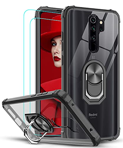 LeYi Funda Xiaomi Redmi Note 8 Pro con [2-Unidades] Cristal Vidrio Templado,Transparente Carcasa con 360 Grados iman Soporte Silicona Bumper Antigolpes Armor Case para Movil Note 8 Pro,Clear Negro