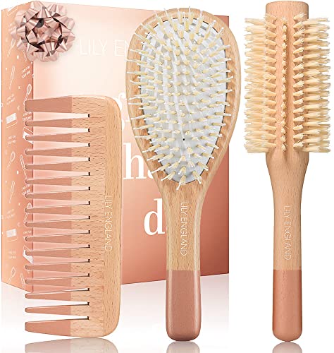 Lily England Juego de Cepillos de Madera para el Cabello - Cepillo Plano , Cepillo Redondo y Peine - Cepillos para el Cabello con Cerdas Suaves - Cepillos para el Cabello para Mujeres - Oro Rosa