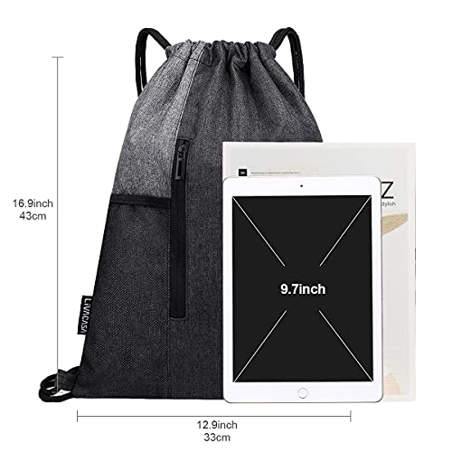 LIVACASA Mochilas de Cuerdas Mujer Hombre Toma USB para Auriculares con Bolsillos Mallas para Botellas Tela Oxford Bolsa de Cuerdas Mochilas Impermeables Yoga Gimnasio Deportes Gris Claro 43 * 33cm