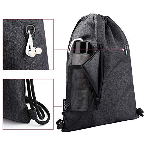 LIVACASA Mochilas de Cuerdas Mujer Hombre Toma USB para Auriculares con Bolsillos Mallas para Botellas Tela Oxford Bolsa de Cuerdas Mochilas Impermeables Yoga Gimnasio Deportes Gris Claro 43 * 33cm