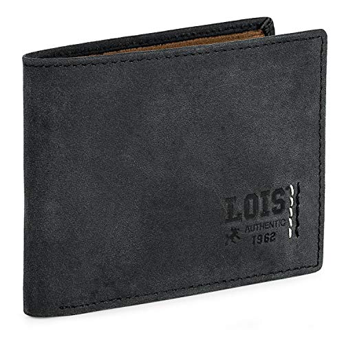 Lois - Cartera para Hombre Piel Genuina Cuero Pequeña. Billetero de Piel Genuina. Monedero, Billetes, Tarjetas. Protección Seguridad Antiescaneo RFID 202808, Color Antracita