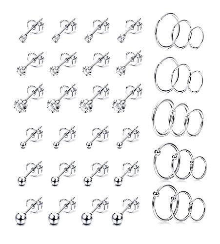 LOLIAS 39PCS Acero Inoxidable Pequeños Pendientes Cartílago Aros para Mujeres Hombres Pendientes Aretes Tragus Círculo Labio Piercing de Oreja CZ Pendientes Bola Piercing Cartílago para Mujer Hombre