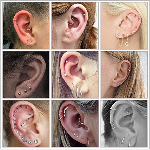 LOLIAS 39PCS Acero Inoxidable Pequeños Pendientes Cartílago Aros para Mujeres Hombres Pendientes Aretes Tragus Círculo Labio Piercing de Oreja CZ Pendientes Bola Piercing Cartílago para Mujer Hombre