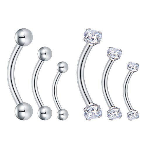 Longita 6 Piezas 16G Claro Zirconia Cúbica Acero Inoxidable Banane Curvado Ceja Nariz Septum Pendientes Labio Helix Tragus Cartílago Piercing Anillo Mujer Hombre 6mm 8mm 10mm