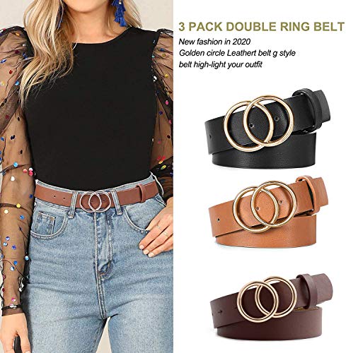 Longwu [3 PCS] Cinturón de cuero PU para mujer, doble anillo en O, cinturones de cintura de cuero sintético suave, para pantalones vaqueros de vestir, cinturones para niñas, damas